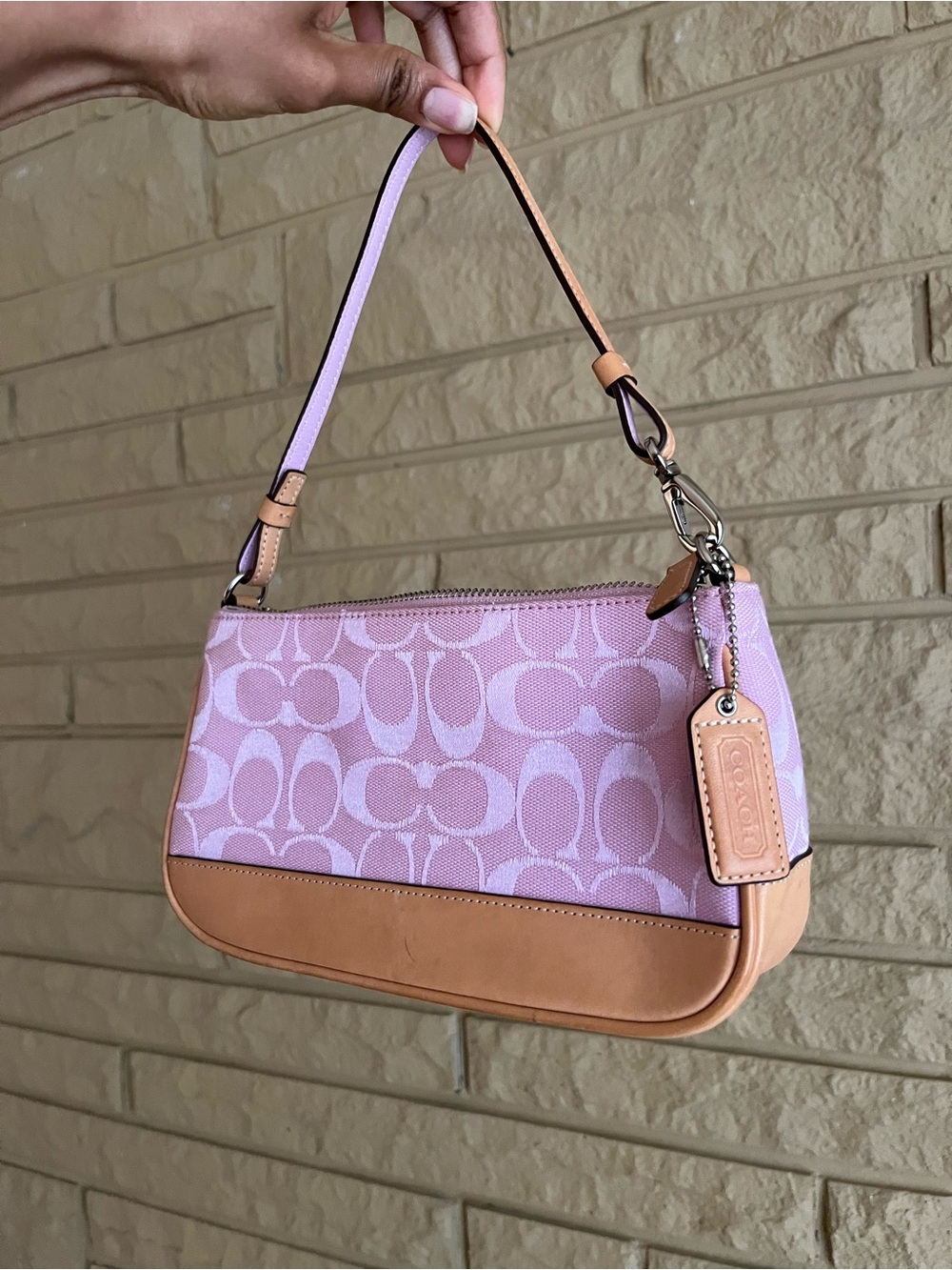 Coach Pink Signature Canvas Shoulder Bag with Tan Trim